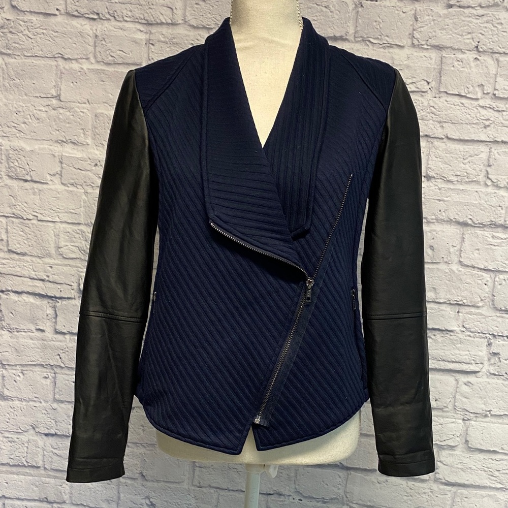 BB Dakota Asymmetrical Faux Leather Sleeve Navy Blue Full Zip Jacket Size S